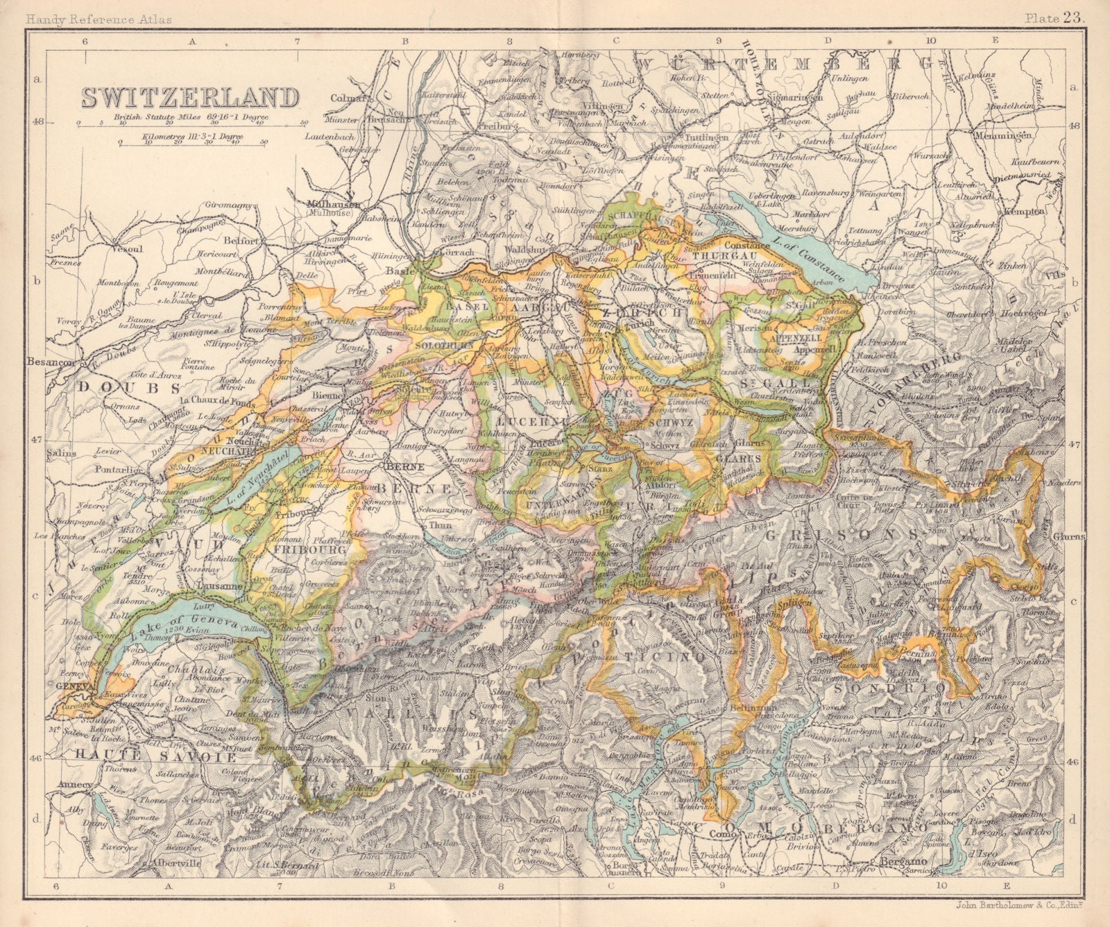 Switzerland showing cantons. BARTHOLOMEW 1898 old antique map plan chart